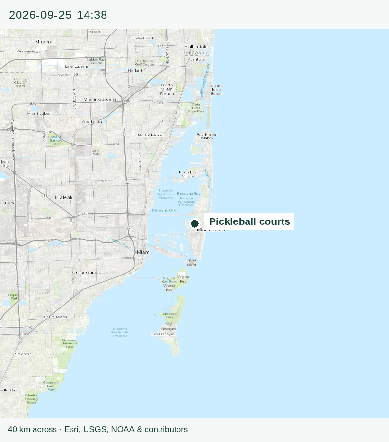 Rain map around Miami Beach Golf Club; selected time and source below.